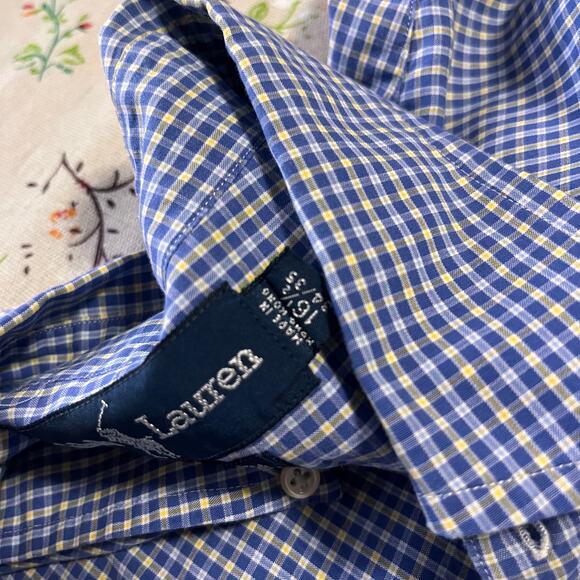 VTG Ralph Lauren Button Down Shirt Checker Blue Men 16.5 Yarmouth Cotton Oxford - Picture 4 of 4
